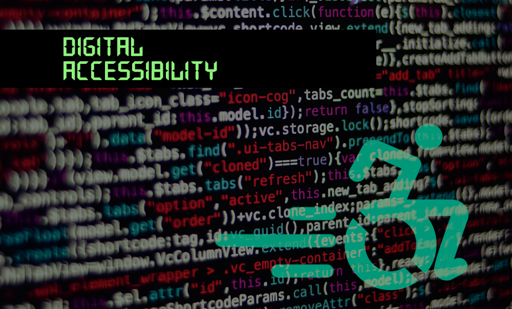 An icon or a wheelchair user navigates an image of computer code with the the words digital accessibility.
